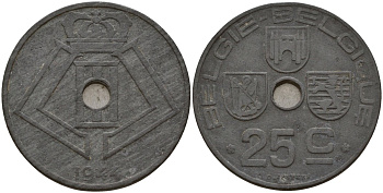 Бельгия 25 сантимов 1944 Belgie - Belgique, Леопольд III (1934-1947), германская оккупация, Вторая мировая война KM 132 цинк 4157-616