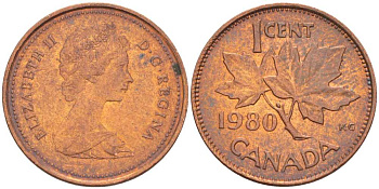 Канада 1 цент 1980 Елизавета II (1952-2022), кленовый лист KM 127 бронза 54-1147