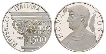 Италия 500 лир 1993 2000 лет со дня смерти Горация KM 156 серебро PROOF 413-6343