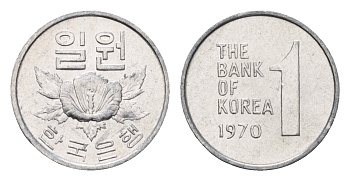 Южная Корея 1 вона 1970 роза шарона KM 4a алюминий  UNC  M78-01