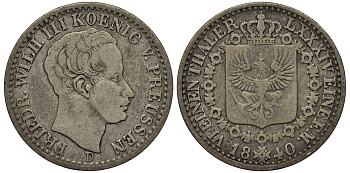 Пруссия 1/6 талера 1840 D, Фридрих Вильгельм III (1797-1840) KM 411 серебро 1519-1433