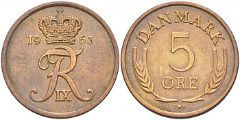 ДАНИЯ 5 ЭРЕ 1963 C; S, ФРЕДЕРИК IX (1947-1972) KM 848.1 бронза 4402-1217