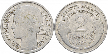 Франция 2 франка 1950 В KM 886а.2, Le Franc 269.17 алюминий 4402-1017