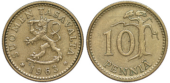ФИНЛЯНДИЯ 10 ПЕННИ 1963 S, ПЕРВЫЙ ГОД KM 46 алюминиевая бронза 3334-1118