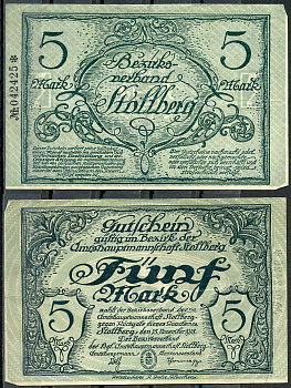 Германия, Штольберг 5 марок 1918 нотгельд, 15.11.1918, цифры черные, малые Geiger 511.01  бумага   444-113-3-2