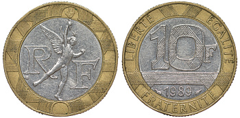 Франция 10 франков 1990 тип Гений Бастилии KM 964.1, Le Frank 375.5 биметалл 45-644