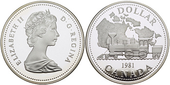 Канада 1 доллар 1981 Трансконтинентальная железная дорога, паровоз, в оригинальной коробке KM 130 серебро PROOF 2-1-16