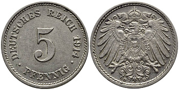 ГЕРМАНИЯ 5 ПФЕННИГОВ 1914 G KM 11, Jager 12, Weege 6 медно-никель 4547-545