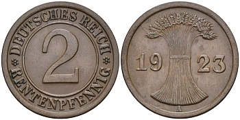 Германия 2 рентенпфеннига 1923 A KM 31, J.307, Weege 3 медь 4584-553