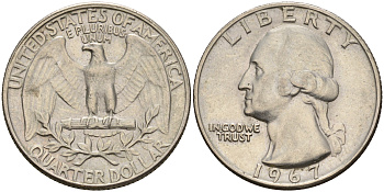 США 25 центов (квотер) 1967 Вашингтон KM 164а медь плакированная медно-никелем    4606-642