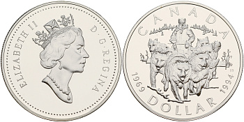 Канада 1 доллар 1994 25 лет RCMP - Патрульной службе на собачьих упряжках, в оригинальной коробке, с сертификатом КМ 251 серебро PROOF 5-6-4-21