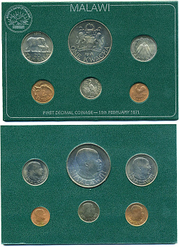 Малави официальный набор из 6 монет 1971 В ПЛАСТИКЕ, тираж 10000 экз. KM MS1 (KM 7,1-11,1, 12) UNC 3-4-3-25