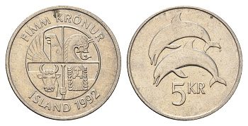 Исландия 5 крон 1992 дельфины KM 28 медно-никель 4691-413