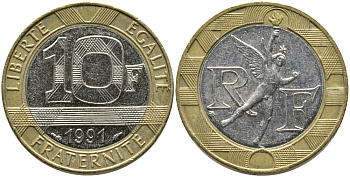 Франция 10 франков 1991 тип гений Бастилии KM 964.1, Le Frank 375.6 биметалл 65-1034