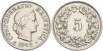ШВЕЙЦАРИЯ 5 РАППЕНОВ 1942 В KM 26 медно-никель 4528-1269