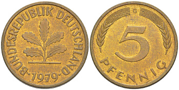 ФРГ 5 ПФЕННИГОВ 1979 G KM 107, J. 382 сталь плакированная латунью 4181-964