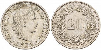 Швейцария 20 раппенов 1974 KM 29а медно-никель 51-116