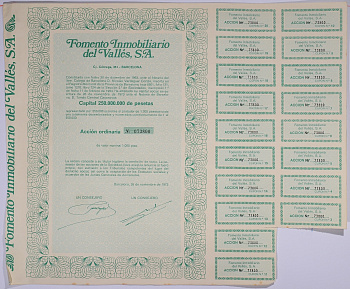 Испания акция на 1000 песет 1973 Fomento Inmobiliario del Valles, S.A., Барселона 1973, с купонами бумага 5548-31-1-2