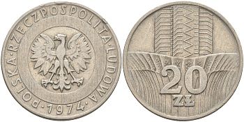 Польша 20 злотых 1974 монетный двор Кремница KM 67, Parchimowicz 245b медно-никель 4111-936