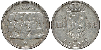Бельгия 100 франков 1948 Belgie, королевская династия KM 139.1 серебро    1530-624