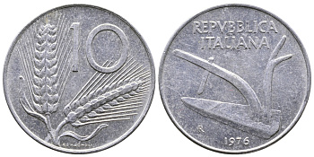 ИТАЛИЯ 10 ЛИР 1976 R, ПЛУГ, КОЛОСЬЯ KM 93 алюминий 51-3132