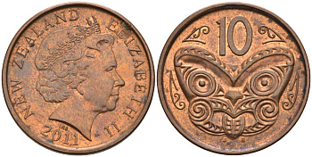 Новая Зеландия 10 центов 2011 маска Маори, Елизавета II (1952-) KM 117а сталь плакированная медью 4577-412