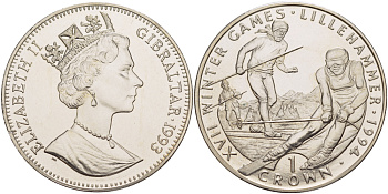 Гибралтар 1 крона 1993 XVII зимние Олимпийские игры 1994 года в Лиллехаммере, горные лыжи KM 148 медно-никель BUNC 1084-8-64