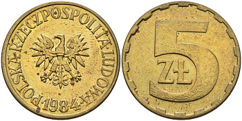 Польша 5 злотых 1984 MW KM 81.1, Parchimowicz 221i латунь aUNC 4551-524