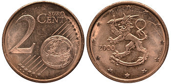 ФИНЛЯНДИЯ 2 ЕВРОЦЕНТА 2000 KM 99 сталь плакированная медью UNC 4181-451