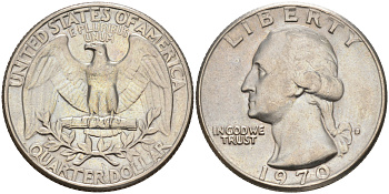 США 25 центов (квотер) 1970 D, Вашингтон KM 164a медь плакированная медно-никелем 4114-754