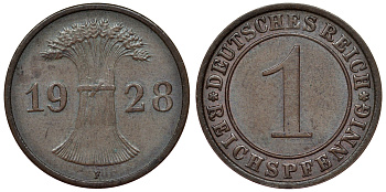 Германия 1 рейхспфенниг 1928 F KM 37, J. 313 бронза 4124-118