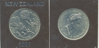 Новая Зеландия 1 доллар 1981 Королевский визит, английский дуб, Елизавета II (1952-2022), в оригинальной пластиковой упаковке KM 50 медно-никель UNC 3-4-9-23