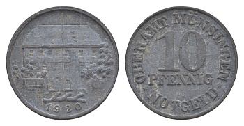 Мюнзинген 10 пфеннигов 1920 Funck 349.1, Men05 18073.1, Men18 22610.1 цинк 4636-942