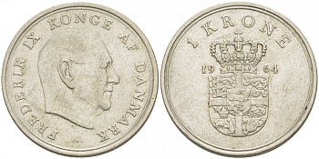 ДАНИЯ 1 КРОНА 1964 C; S, ФРЕДЕРИК IX (1947-1972) KM 851.1 медно-никель 86-841