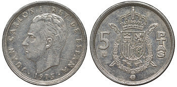 Испания 5 песет 1975 (79) Хуан Карлос I (1975-2014) KM 807 медно-никель 4543-156