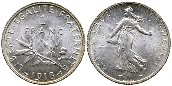Франция 1 франк 1918 сеятель KM 844.1, Le Franc 217.24 серебро UNC 3259-736