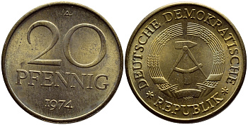 ГДР 20 пфеннигов 1974 А KM 11 латунь UNC 4681-412