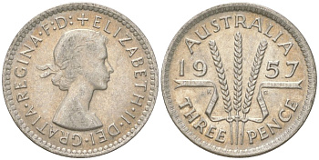 Австралия 3 пенса 1957 m, Елизавета II (1952-2022) KM 57 серебро 4621-1242