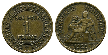ФРАНЦИЯ 1 ФРАНК 1922 KM 876, LCHAMBRES DE COMMERCE LE FRANC 218.4 алюминиевая бронза 261-922