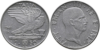 ИТАЛИЯ 50 ЧЕНТЕЗИМО 1941 R, ВИКТОР ИМАНУИЛ, XIX ГОД, МАГНИТНАЯ KM 76b нержавеющая сталь 89-422
