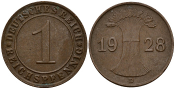 Германия 1 рейхспфенниг 1928 D KM 37, J. 313 бронза 4189-816