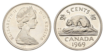 Канада 5 центов 1969 Елизавета II (1952-2022), бобр KM 60.1 никель PROOF 441-1111