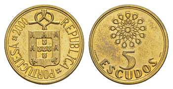 Португалия 5 эскудо 2000 KM 632 никель латунь UNC 4632-328