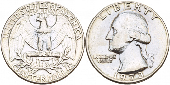 США 25 центов (квотер) 1973 Вашингтон KM 164а медь плакированная медно-никелем 4546-1252