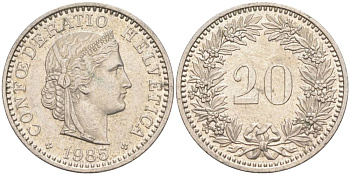 Швейцария 20 раппенов 1985 KM 29a медно-никель 55-1017