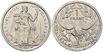Французская Новая Каледония 1 франк 1983 птица кагу, (IEOM) KM 10, Schoen 10, Lec 46 алюминий 51-2711