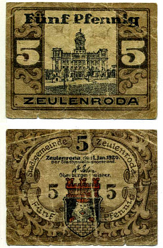 Цойленрода 5 пфеннигов 1920 1 января 1920, нотгельд, земля Тюрингия Grabowski Z8.6b бумага 2195-44-3-1