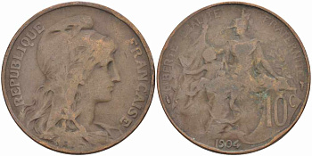 ФРАНЦИЯ 10 САНТИМОВ 1904 ТИП ДАНИЭЛЬ ДЮПЮИ KM 843, LA FRANC 136.14 бронза 109-216