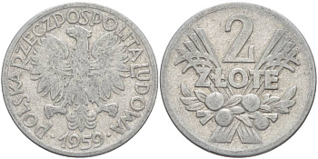 ПОЛЬША 2 ЗЛОТЫХ 1959 MW KM 46 алюминий 4545-813