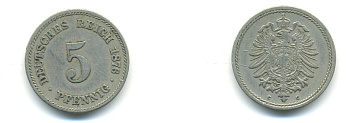 ГЕРМАНИЯ 5 ПФЕННИГОВ 1876 C, СТАРОГЕРБОВКА KM 3, J.3 медно-никель 83-143